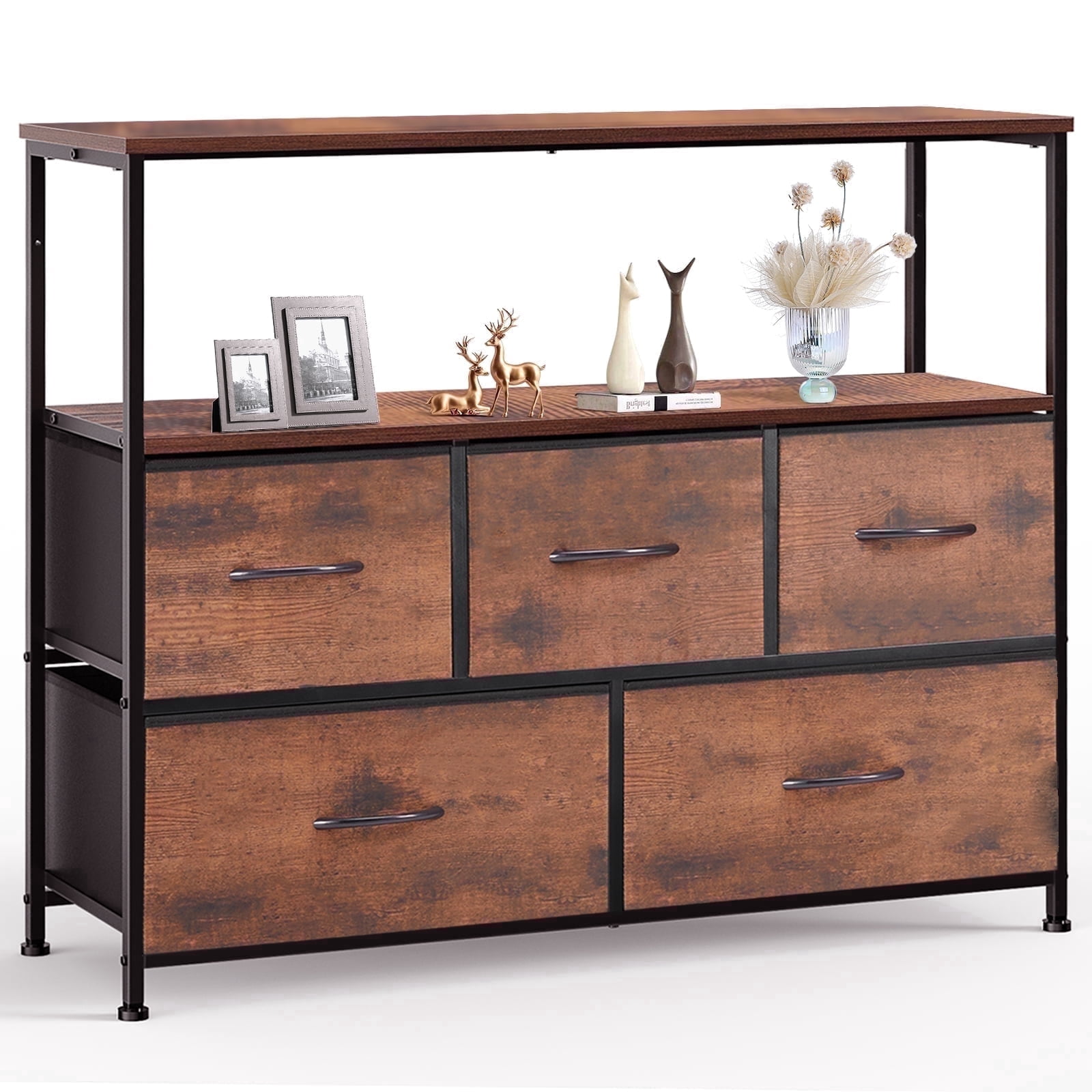 CONCETTA TV Stand Dresser with 5 Fabric Drawers and Open Shelving, Multi-functional Storage Unit Fits TV up to 45 inches for Bedroom Living Room Hallway, Rust