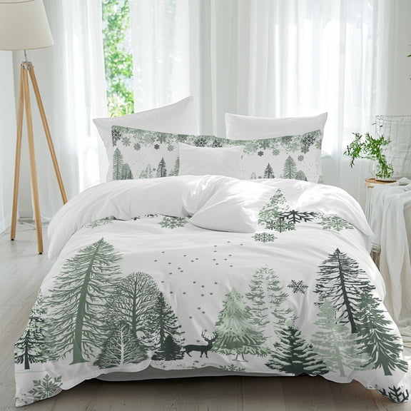 Duvet Cover Twin Size 3 Piece Bedding Set, Winter Forest Christmas Deer Soft Breathable Comforter Cover with 2 Pillow Shams, Gradient Green Snowflakes Luxury Duvet Covers with Zipper Closure
