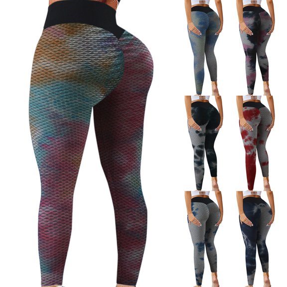 YUEHUA Women's Tie-Dye Honeycomb Yoga Leggings, Tummy Control Butt Lifting Pants, Stretchy Compression Workout Tights for Casual