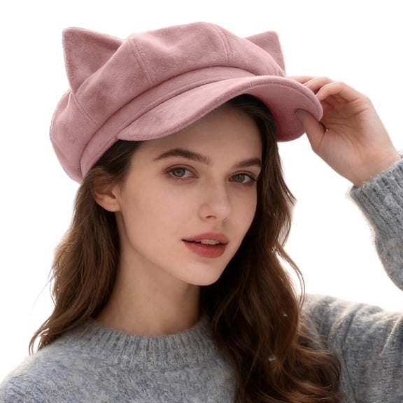 Fgnfyis Stylish Beret Hat with Cat Ear Design Japanese Solid Color Cute Eight Panel Cap for Daily Wear Beret Hats for Women Pink