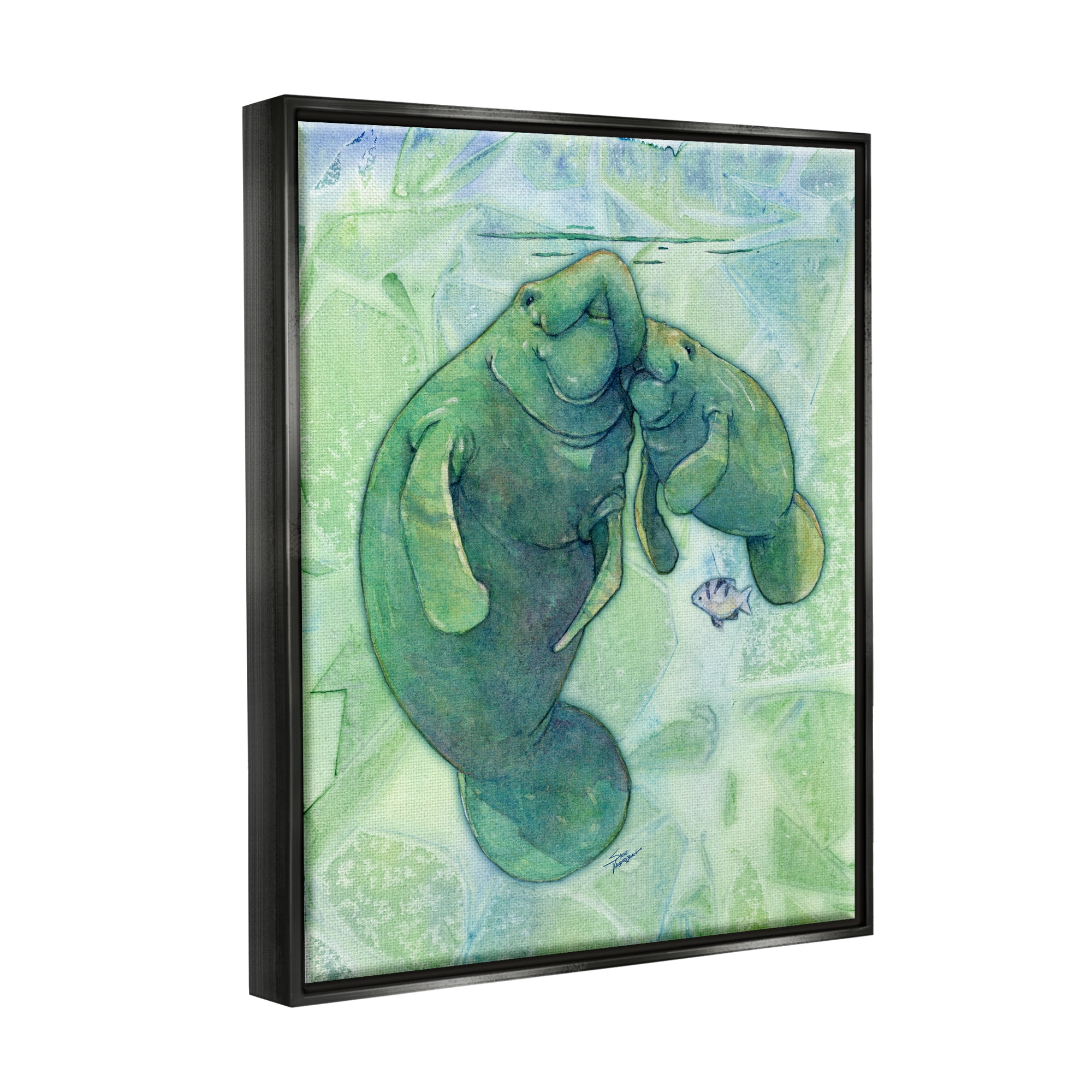 Stupell Industries Green Manatees & Fish Animals & Insects Painting Black Floater Framed Art Print Wall Art, 17 x 21