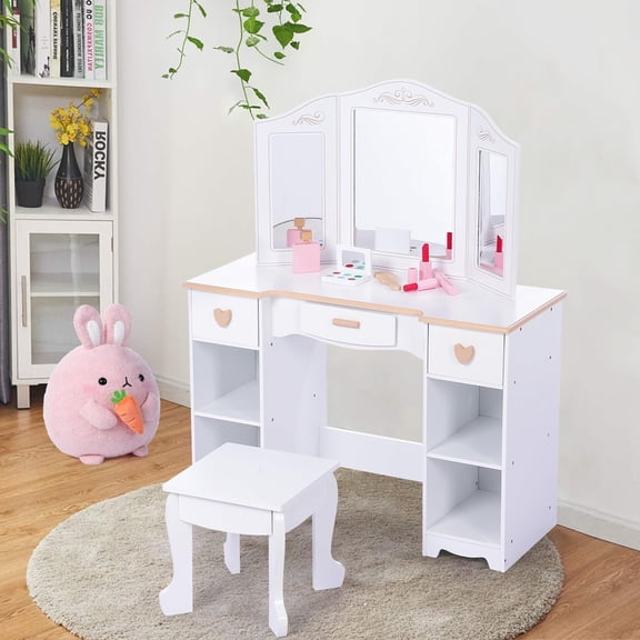 TROPOW Kids Vanity with Mirrors and Stool, Pretend Play Vanity Table Set, Princess Makeup Desk, Toddler Vanity Dressing Table with Storage Drawers and Open Shelves for Girls 3 , White