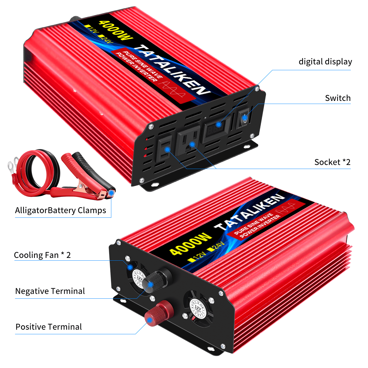4000W Pure Sine Wave Power Inverter 12V DC to 110V AC,  LED Display Red Aluminum for Car/RV/Home