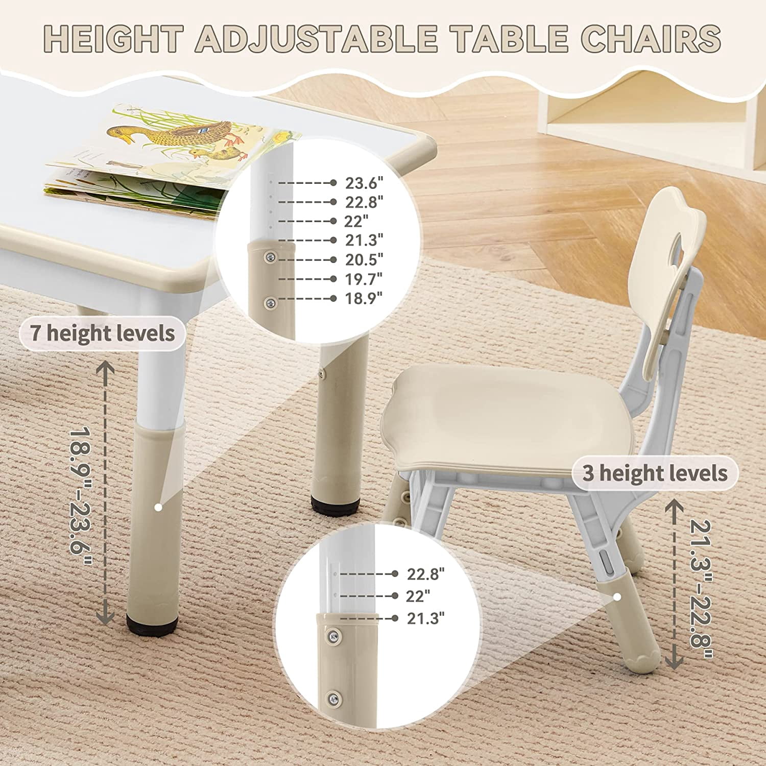 Kids Study Table and Chairs Set, Height Adjustable Toddler Table and Chair Set for Kids Ages 3-8, Graffiti Desktop (Burlywood - 1)