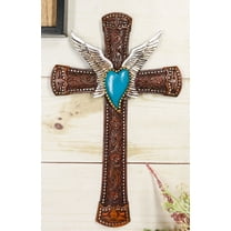 Western Boho Chic Turquoise Heart Angel Wings Tooled Floral Leather Wall Cross