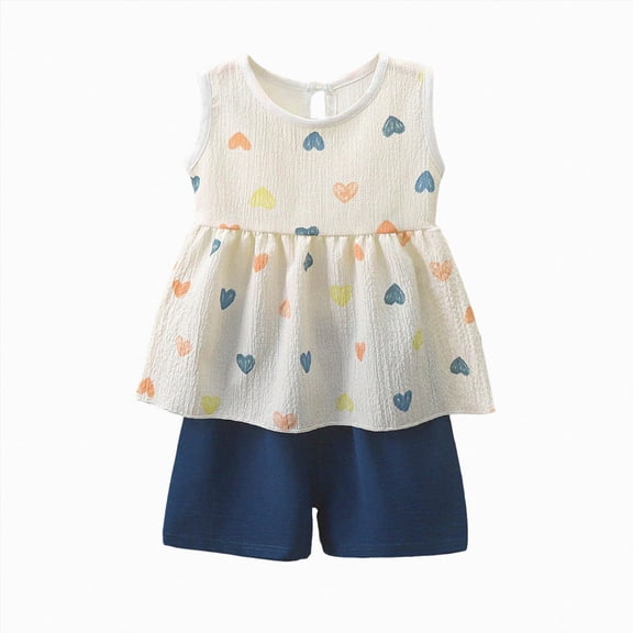 Toddler Girl Short Set Toddler Girls 2 Piece Outfits Cute Heart Print Sleeveless Babydoll Top & Shorts Matching Sets 0-8 Years Toddler Girl Summer Clothes