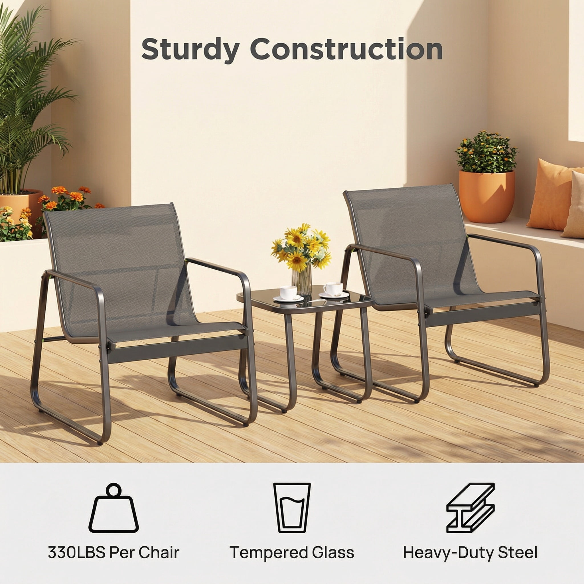 Lofka 3-Piece Patio Furniture Set with Coffee Table for Garden| Balcony| Bistro, Textilene,Black