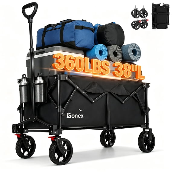 Gonex Portable Collapsible Wagon Cart, 220lbs with All-Terrain Wheels, 38" Foldable Beach Camping Shopping Garden Cart, Black