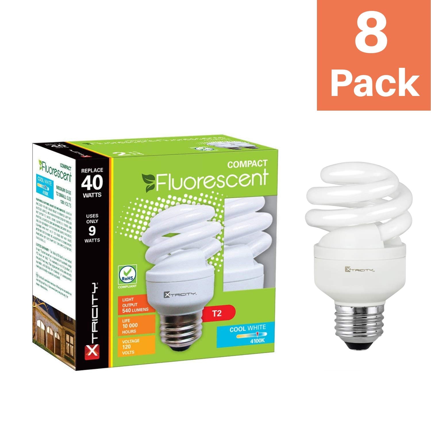 Xtricity Compact Fluorescent Light Bulb T2 Spiral, E26 Base, 4100k Cool White, 9W, (8 Pack)
