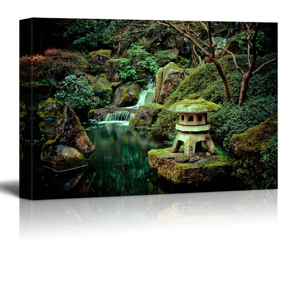 wall26 - Little Shrine Sitting on a Rock on a Lake with a Waterfall - Canvas Art Home Art - 16x24 inches