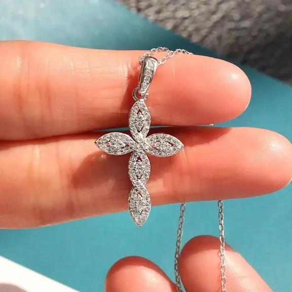 1.60Ct Round Cut Lab Created Diamond Religious Women's Cross Pendant Necklace 14K White Gold Plated Free Chain 18"