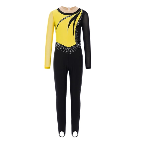 Sholeno Kids Girls Unitard Long Sleeve Full Body Leotard Gymnastics Ballet Dance Performance Jumpsuit Yellow 14