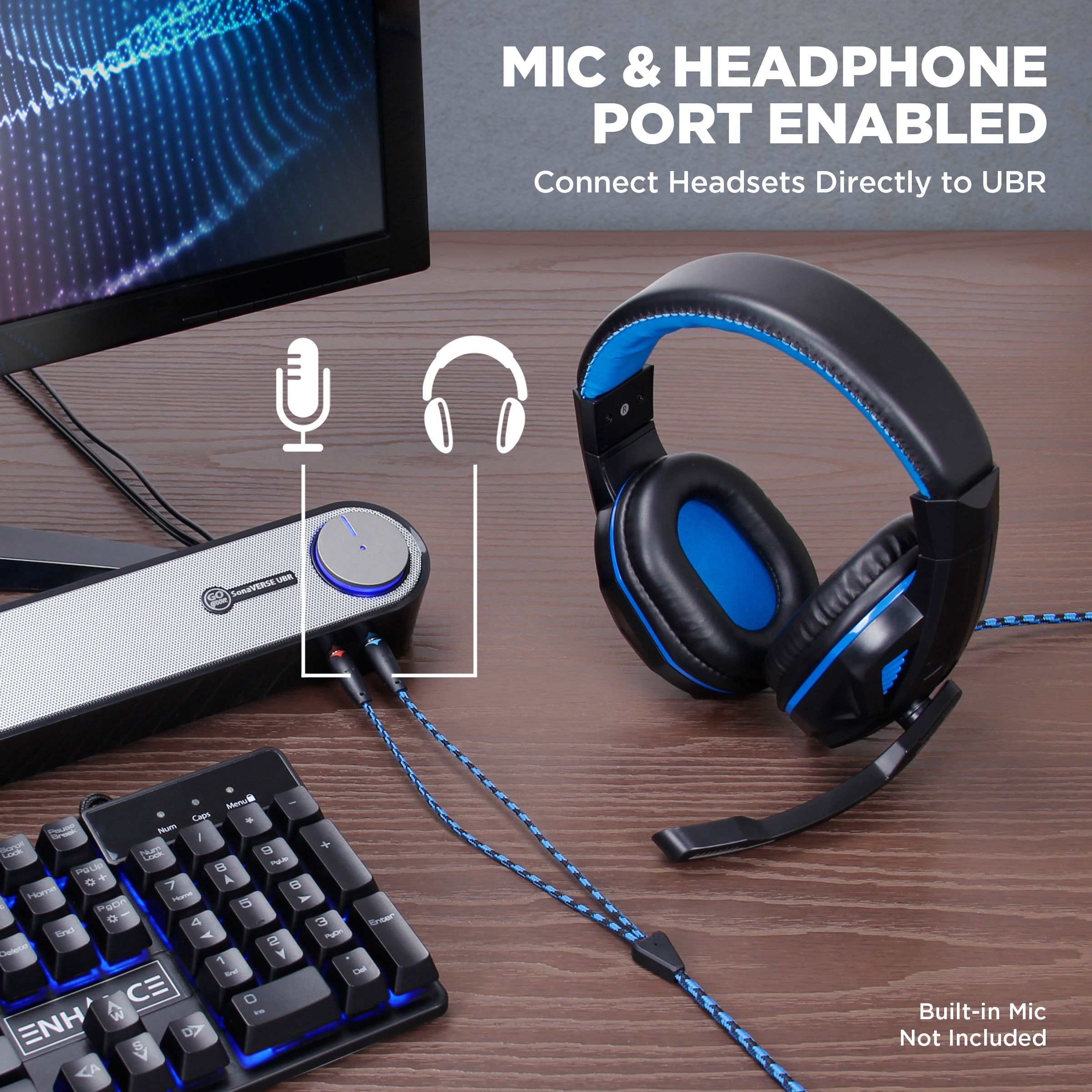GOgroove UBR USB Computer Sound Bar Speaker with Angled Design and 3.5mm Headphone & Microphone Jack