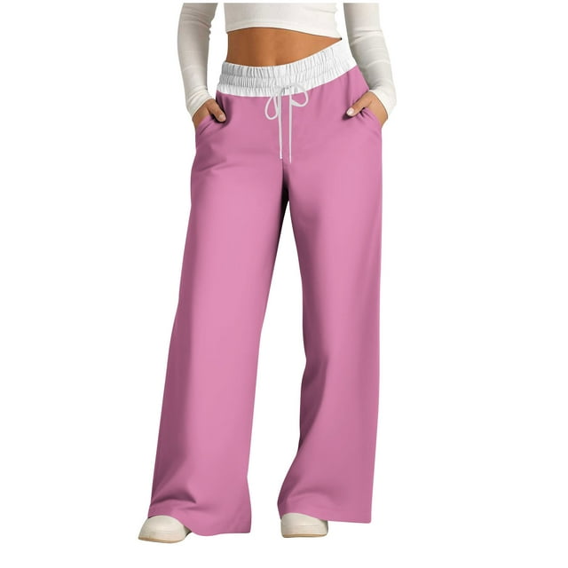 Timegard Wide Leg Pants for Women Elastic High Waisted Drawstring Color Block Loose Comfy Lounge Pants