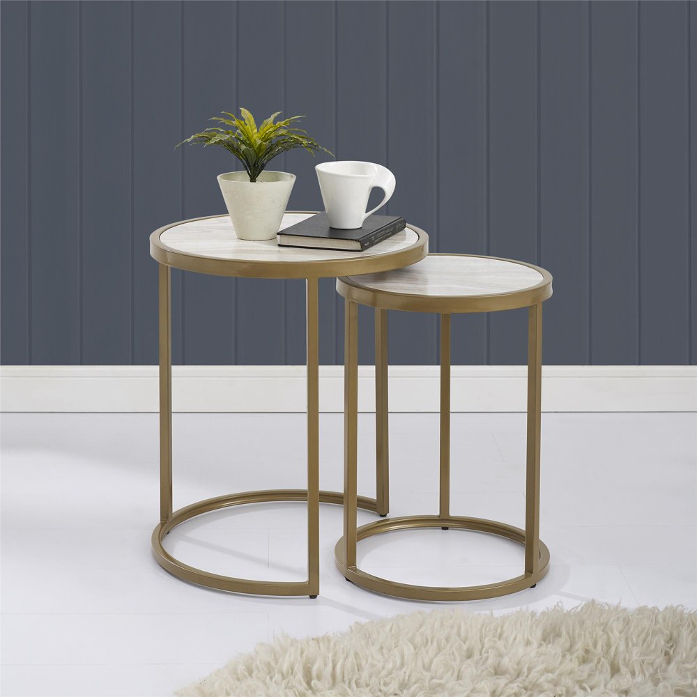 Dorel Living Moriah Nesting Side Tables, Brass Metal and Faux Marble