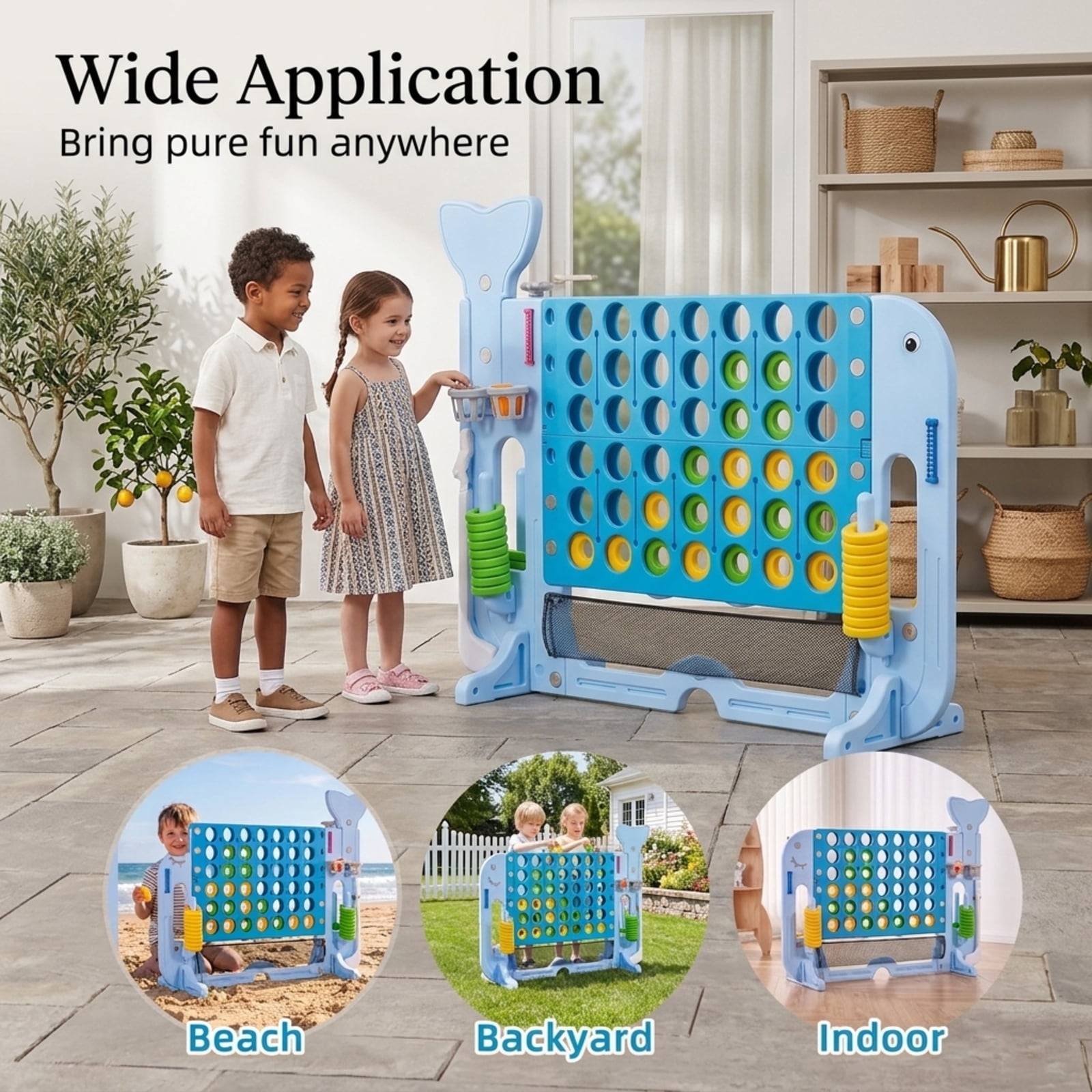 Fenbeli Whale-Shaped Giant 4-in-a-Row Game Set, 4-in-1 Outdoor Yard Game with Ring Toss, Basketball and Golf, 3-Level Adjustable Height