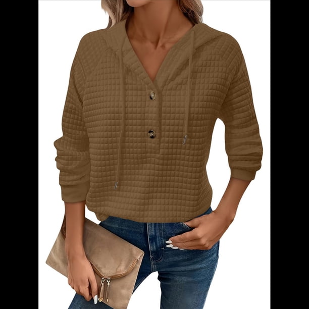 Sudadera Informal de Punto Gofre para Mujer 2025, Suéter de Cuello en V con Botones Extragrandes y Capucha con Cordón. Marrón L