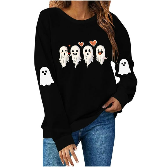 Halloween Sweatshirts for Womens Crewneck Ghost Printed Shirts Fall Winter Long Sleeve Sweaters Casual Blouses Loose Sweatshirt Pullover Top Halloween Costumes