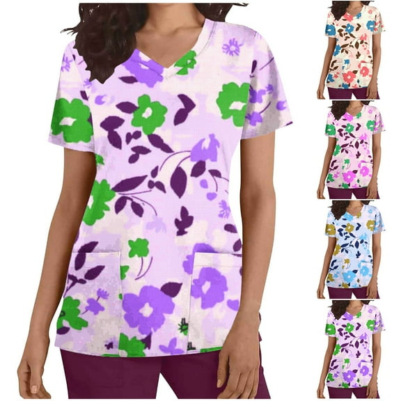 Jinhomg Casual Scrub Shirt for Women 2025 Fashion Floral Print Nursing Uniform Lightweight Comfy Short Sleeve V-Neck Caregiver Tops Spring Summer Workwear Spring Saving Light Blue L