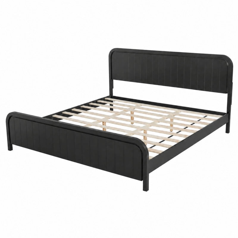 King Size Low Profile Bed Frame with Striped Headboard & Footboard, Wood Platform Bed with Slats Support & 7'' Under-Bed Space