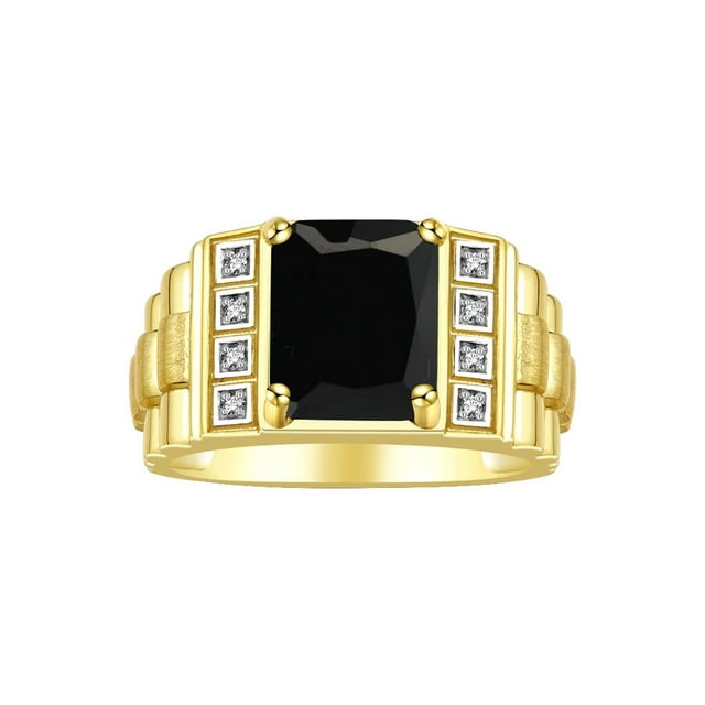 RYLOS Men's Rings Yellow Gold Plated Silver Designer Style 10X8MM Emerald Cut Shape Gemstone & Diamonds Onyx October Birthstone Rings For Men Size 12