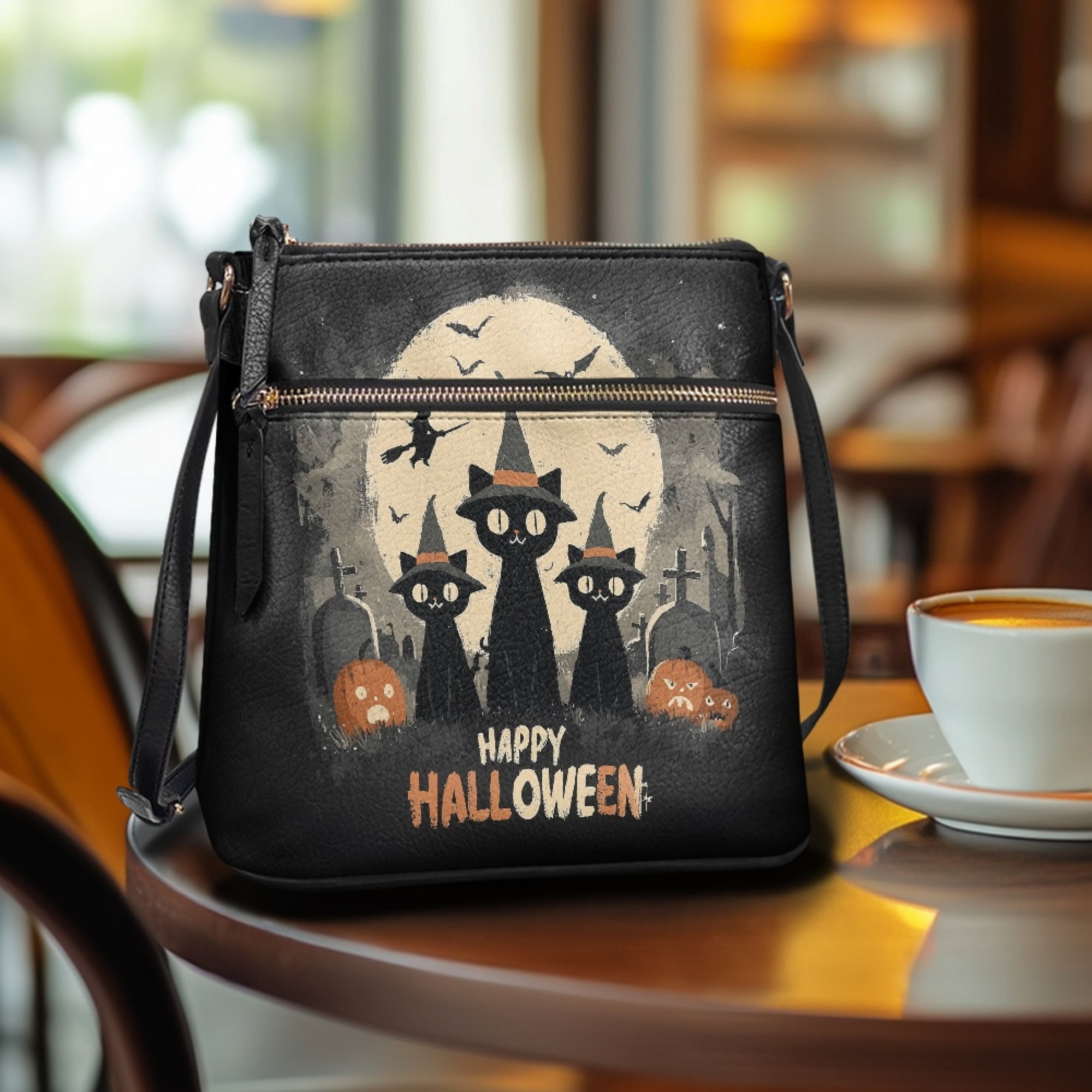 Kuiaobaty Kitten Pumkin Grave Print Crossbody Bag for Women, Lightweight Multi Pocket Vegan Leather Shoulder Purse, Waterproof Travel Crossbody Handbag, Trendy Sling Bag for Halloween