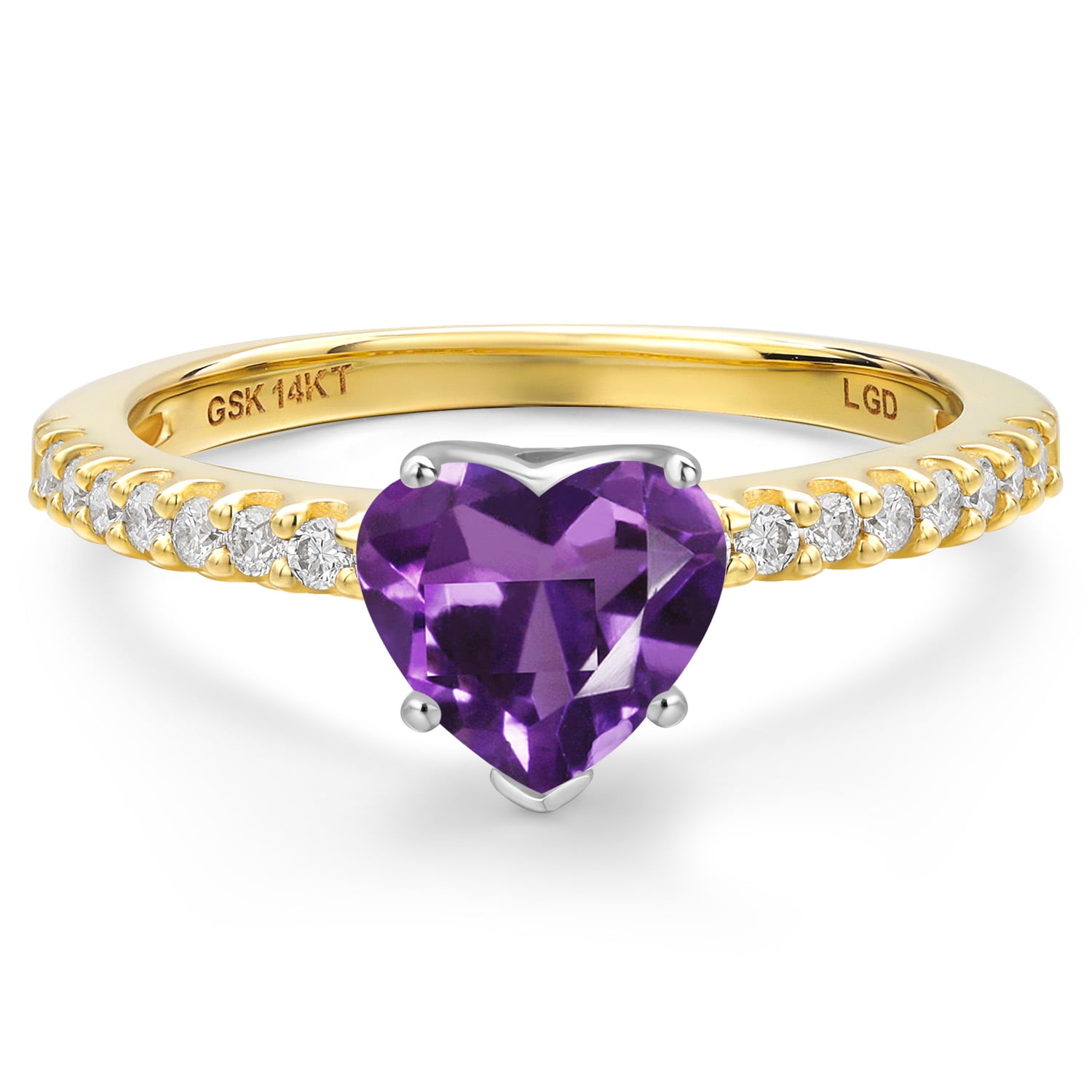 Gem Stone King 14K Two Tone Gold Purple Amethyst and Lab Grown Diamond Engagement Ring for Women | 1.76 Cttw | Heart Shape 8MM | Gemstone February Birthstone | Size 6