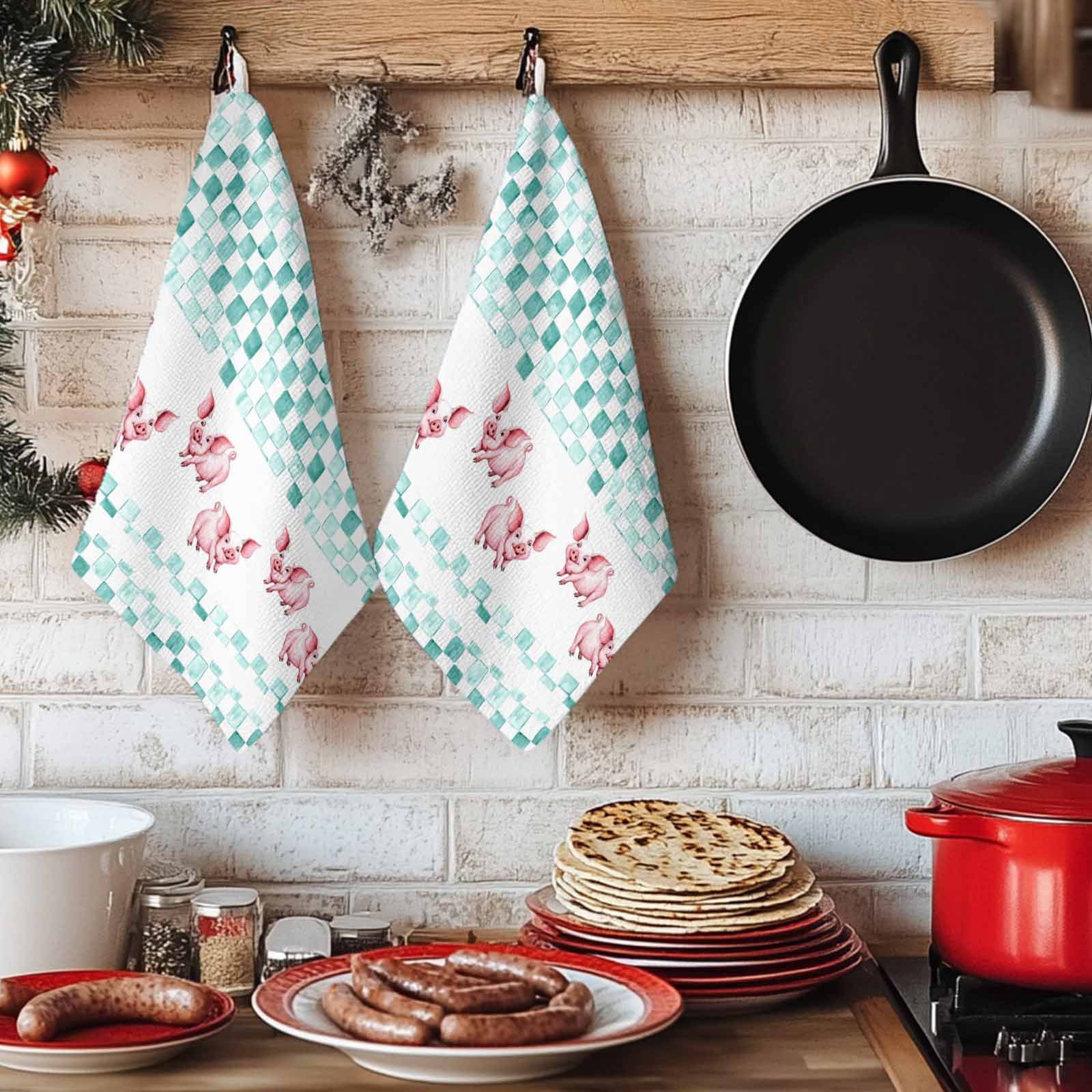 Green Plaid Farmhouse Kitchen Towels Set of 1, Watercolor Cute Country Pigs Checkered Absorbent Dish Towels for Kitchen, Microfiber Hand Towel, Quick Drying Tea Towel for Cleaning Dishcloths