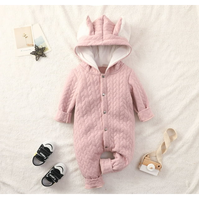 AherBiu Baby Newborn Clothes Hooded Jumpsuits Button down Onesie Long Sleeve Rompers Fall Winter Solid Color Bodysuits Casual