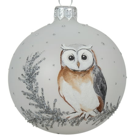 Owl Blown Glass Ornament – Hand Painted European Mouth-Blown White Glass Ball
