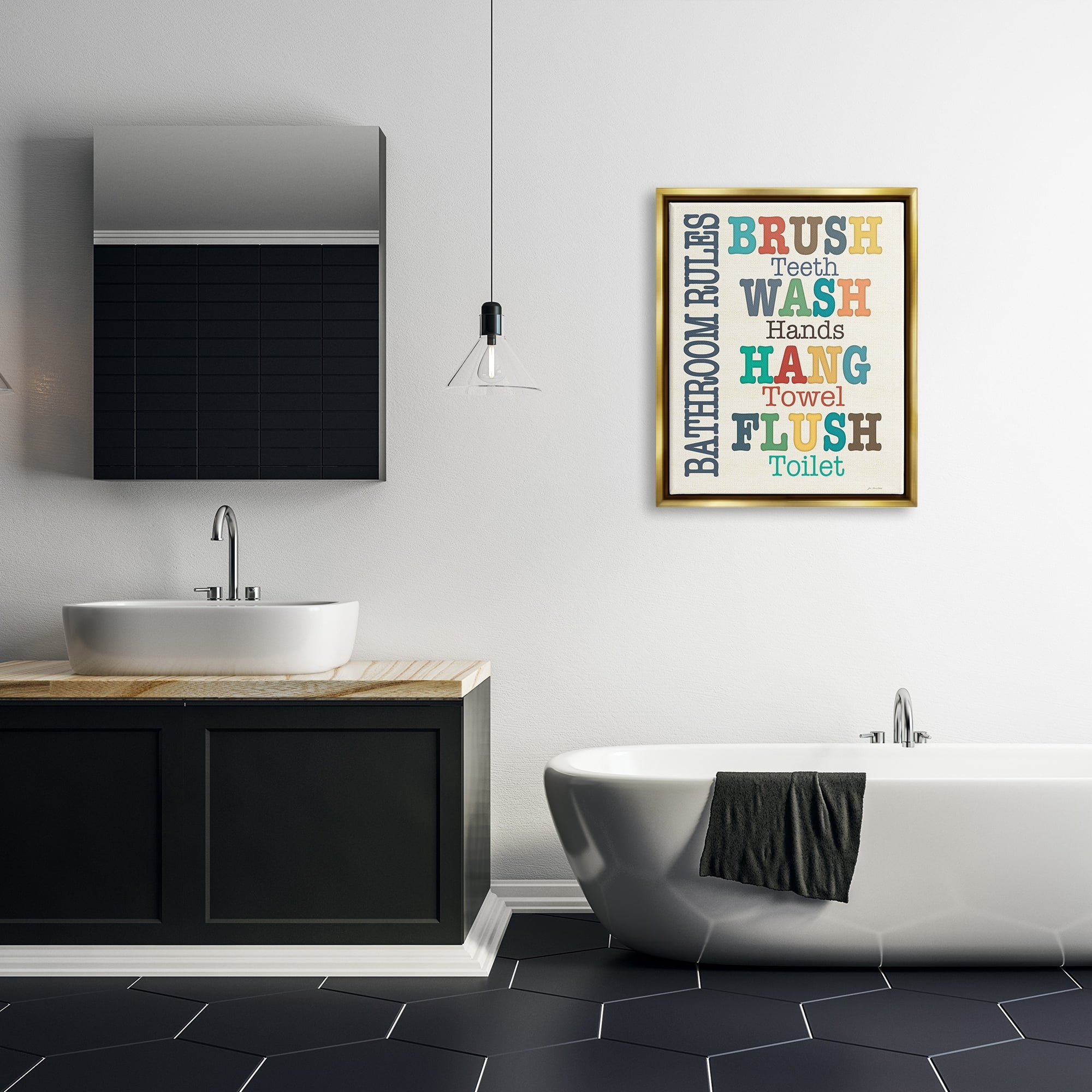 Stupell Industries Colorful Bathroom Rules List Metallic Gold Framed Floating Canvas Wall Art, 24x30, by Jo Moulton