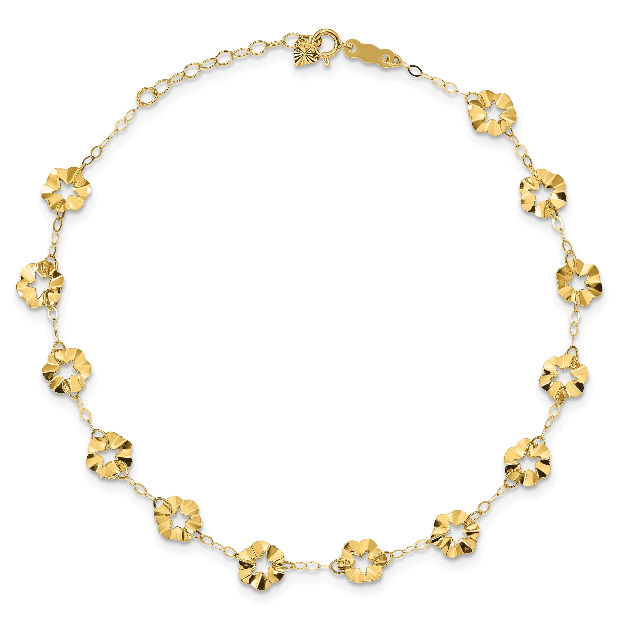 Primal Gold 14 Karat Yellow Gold Adjustable Flower 9-inch Plus 1-inch Extension Anklet