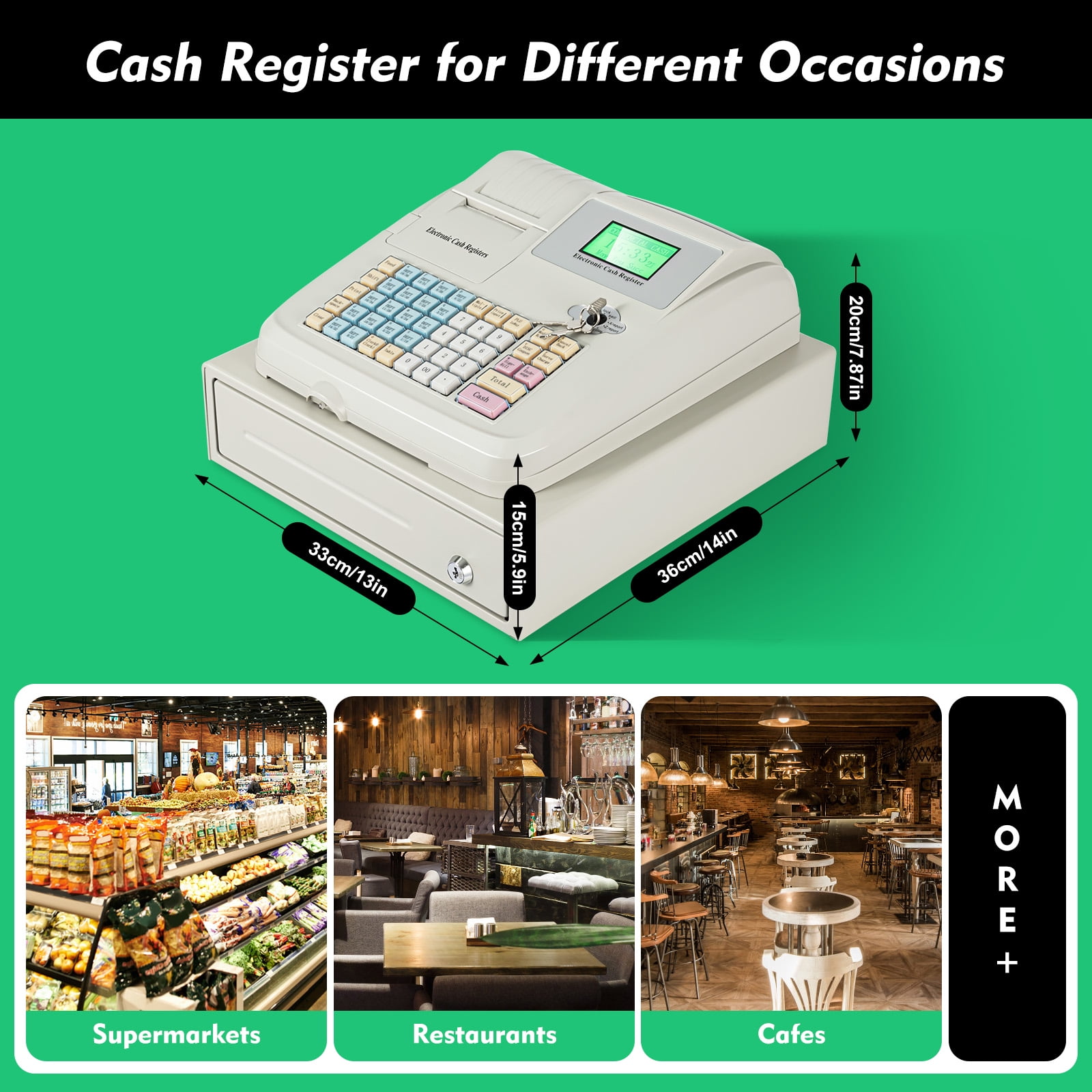 48 Keys Electronic 8 Digital Cash Register, POS System with Cash Tray LED Display for Small Business Retail Restaurant