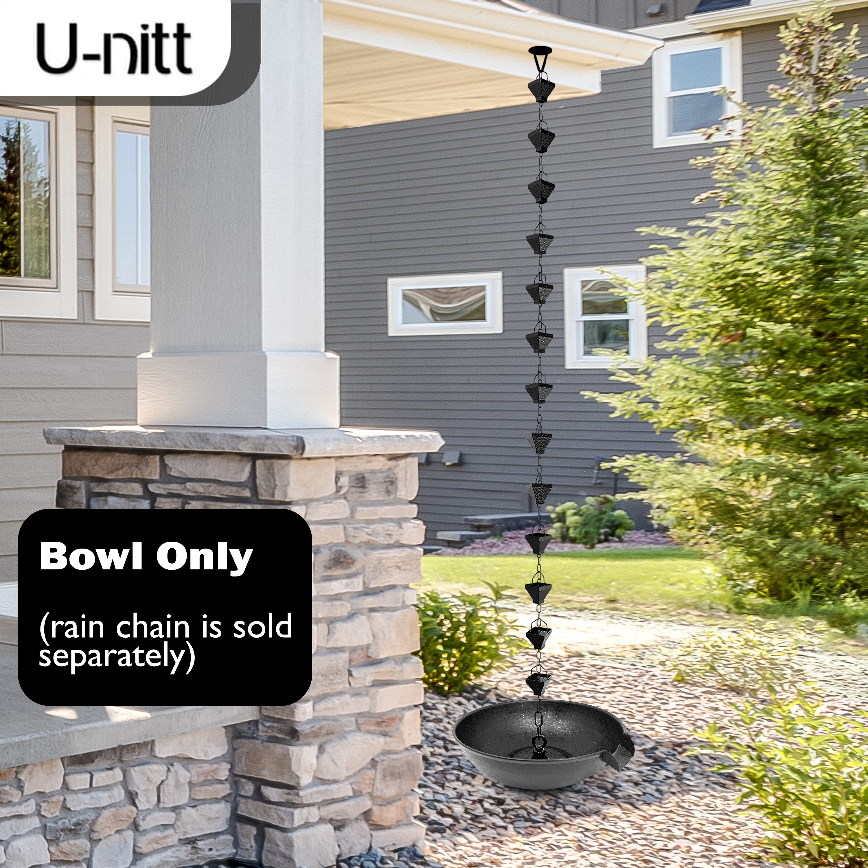 U-nitt 12" Anchoring Basin/Bowl/Dish for Gutter Rain Chain, Spill Bowl for Fountain, Flat Scupper, Birdbath Alternative, with Attachment Chain, Black Powder Coated, 972FBLK-V2