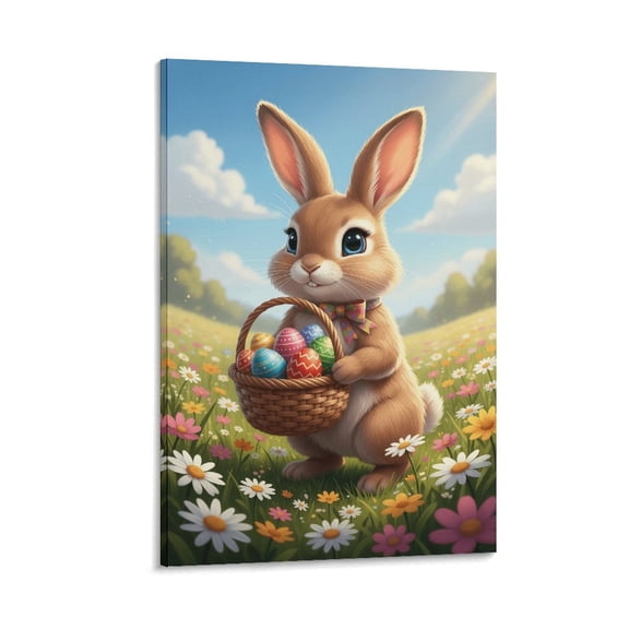 Easter Bunny Canvas Wall Art, Framed Vintage Rabbit in Wildflower Field Print, Rustic Farmhouse Spring Decor for Living Room, Bedroom, Nursery, Cute Animal Artwork for Holiday Home Decoration
