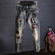 thumbnail image 5 of Pantalones vaqueros ajustados con estampado gráfico para hombre, estilo hip hop, para motocicleta, de corte acampanado, rectos, de alta calidad, tallas XS, 5 of 5