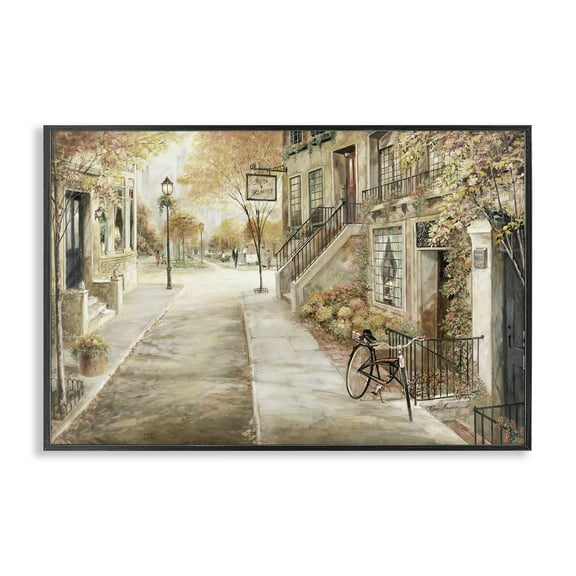 Stupell Industries Bicycle on Town Street Scenic & Cityscapes Painting Black Framed Art Print Wall Art, 18 x 12