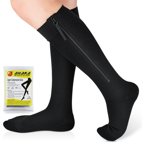 Ailaka Zipper Compression Socks, 15-20 mmHg Knee High Compression Socks for Men Women, Close Toe Support Socks,Black
