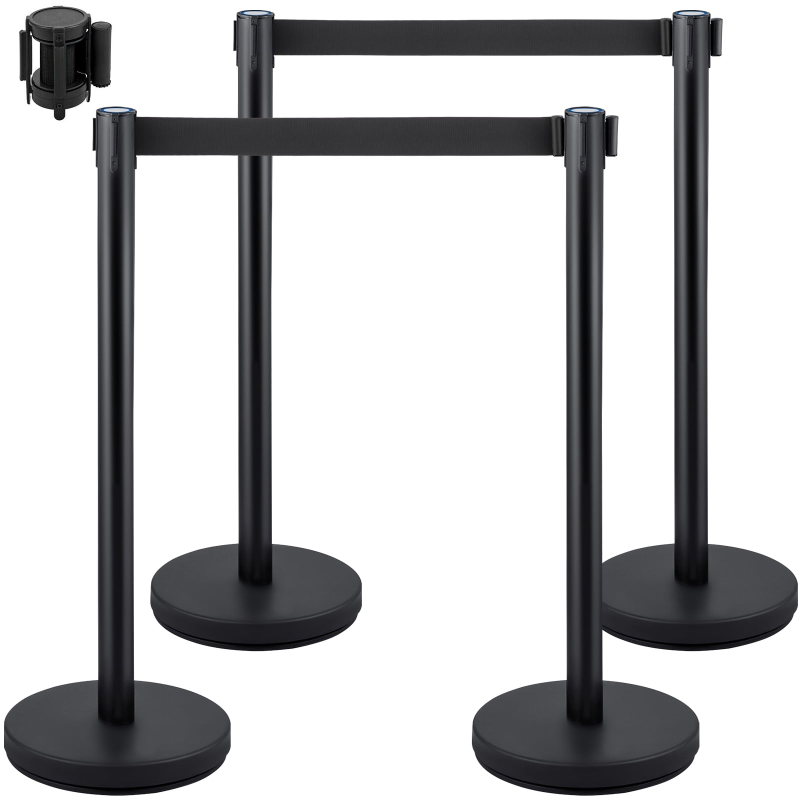 KFFKFF Queue Management Posts, 4 Units in a Set, Complete with 6.6 ft/2 m Retractable Black Belt, Black Public Management Barrier with Concrete and Metal Foundation - Simple Connection Setup