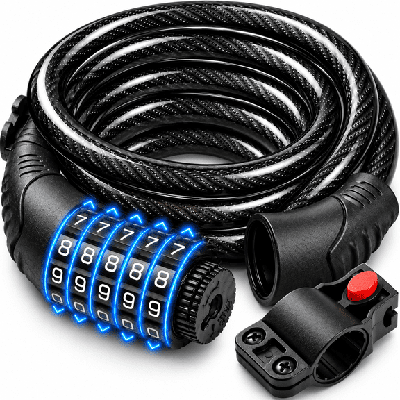 GAZILY® 5-Digit Combination Bike Lock, 4 FT Self-Coiling Bicycle Cable Lock with Mounting Bracket, Resettable 8 mm PVC-Coated Steel Cable for Bikes and Scooters, Black