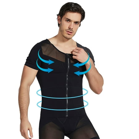 Lilgiuy Men s Breathable Zipper High Elastic Pressure Tight Corset Waist Abdominal Mesh Invisible Body Sculpting Short Sleeves Black 12