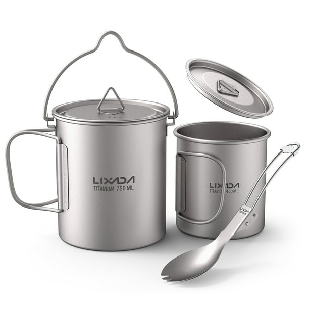 Copa de titanio Juego de 3 piezas de titanio ligero Titanio 750 ml Olla Taza de agua de 450 ml con t Lixada Copa de titanio