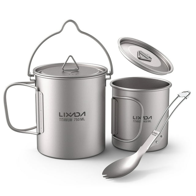 Copa de titanio Juego de 3 piezas de titanio ligero Titanio 750 ml Olla Taza de agua de 450 ml con t Lixada Copa de titanio