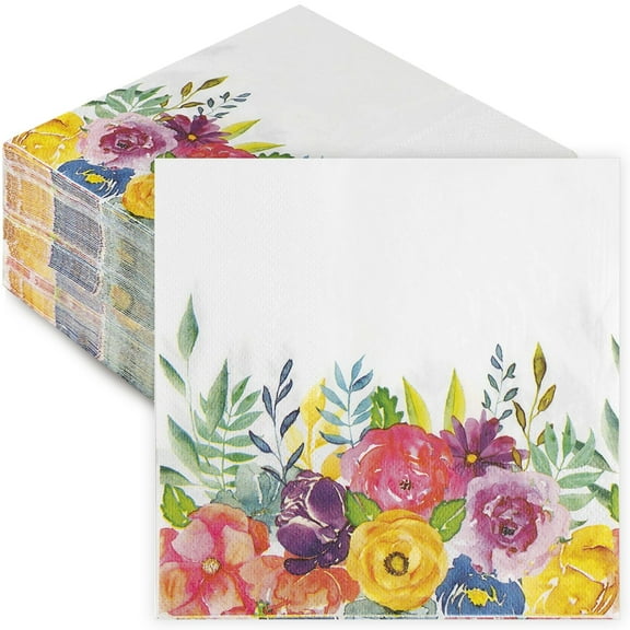 Juvale Floral Paper Cocktail Napkins - 100 Count, 2-Ply, 6.5 x 6.5 In Folded/13 x 13 In Unfolded, Assorted Blooms - Dinner Napkins, Tear-Resistant & Absorbent