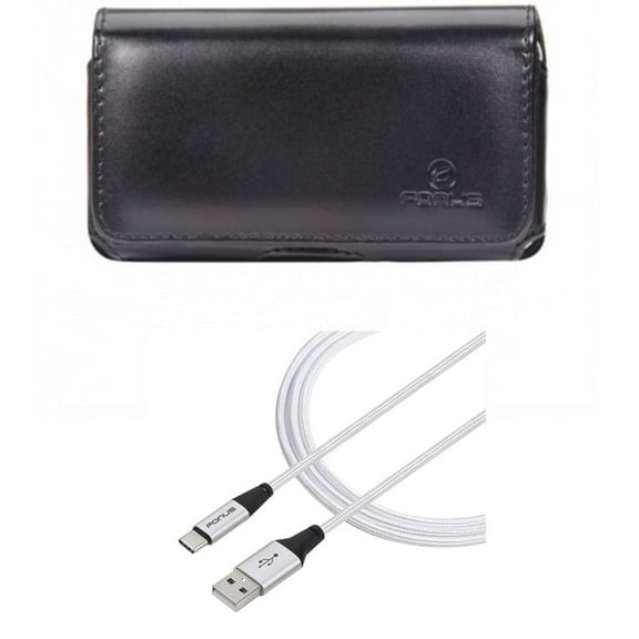 Swivel Leather Case Belt Clip w Charger Cord Type-C 10ft USB Cable M5Z for Acer Liquid Jade Primo - ASUS ROG Phone, ZenFone 4 Pro - Blackberry Motion - BLU Vivo XI Plus - Google Pixel 3 XL