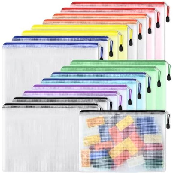 16pcs Mesh Zipper Pouch, Puzzles, Board Game Storage Bags for Organizing, Waterproof Zip File Bags, Letter Size, A4 Size, for School Office Supplies, Storage Bags, 8 Colors