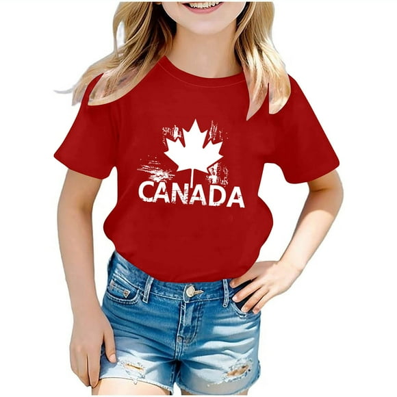 Virmaxy Toddler Baby 2024 Crew Shirt Happy Day Canada Day Boys Girls Summer Shirt Letters Canada Print Casual Short-Sleeved Tops Fashion Round Neck Tops