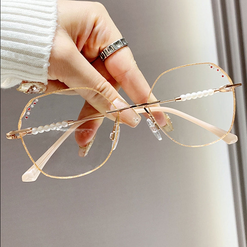 2 Pairs of Women Rimless Diamond Gold Bling Glitter Reading Glasses 2.00. Ladies Elegant Anti-blue Light Pearl Oversized Readers +2.00 Strength