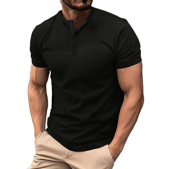 FRSASU Mens Henley Shirts Short Sleeve Casual Button Down Shirts Classic Lightweight Summer Basic Tee Black