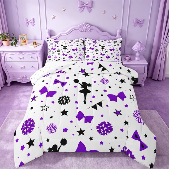 Manfei Purple Cheerleader Full Size Comforter Sets For Kids,Cute Stars Bow Print Bedding Sets For Girls,Reversible,3pcs